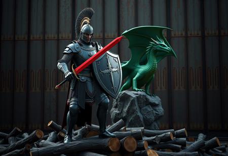 A regal steampunk knight in black armor, wielding a red sword and shield, stands on a pile of logs. A plumed helmet adorns his head. Behind him, a green dragon perches on a rock, wings spread, poised for flight. The backdrop is a rusted industrial metal wall. Cinematic lighting, 4K, ultra detailed, Octane Render, Unreal Engine 5, Matte Painting, trending on Artstation, Golden Ratio.