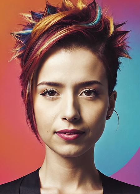 portrait of sks woman by Flora Borsi, style by Flora Borsi, bold, bright colours, rainbow Mohawk haircut, ((Flora Borsi)), <lora:locon_pokimane_v1_from_v1_64_32:1.25>