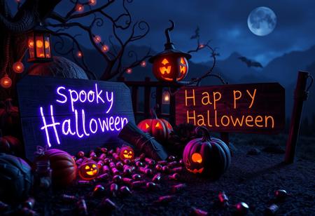 hyperdetailed ultra-detailed realistic,  
extremely detailed Halloween scene,  with candies and decorations, a sign nearby written((("spooky Halloween"))) with glowing vibrant violet, detailed dark environment, dark shot, rtx, at exotic mountains background , High Definition HD, High Detail, Perfect Composition, dark fantasy movie, cowboy shot,