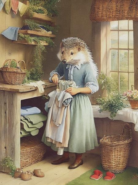 <lyco:KateGreenaway:1.0> vintage illustration Beatrix Potter style of a mother hedgehog in a dress, ironing clothes in a cottage