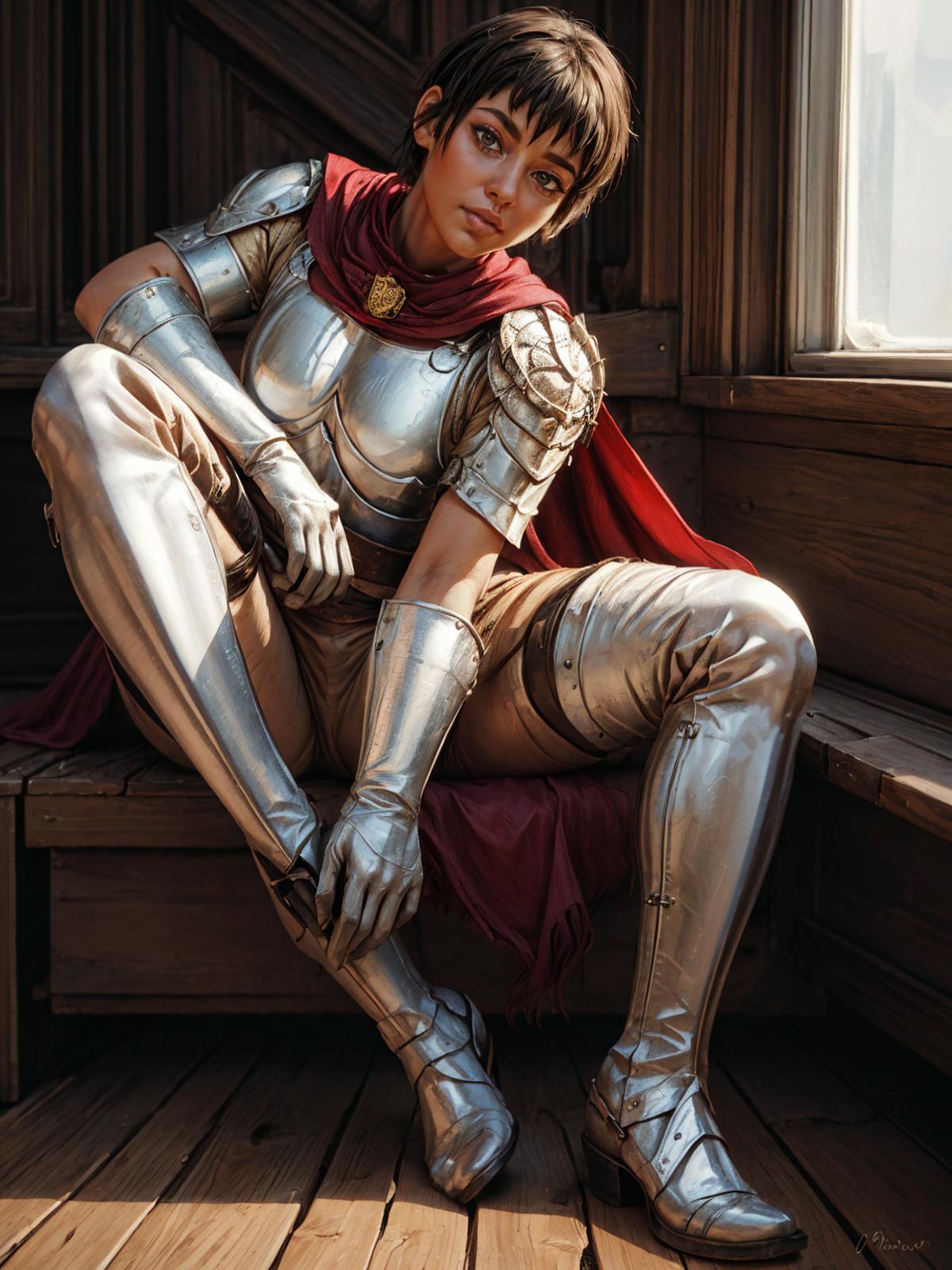 Artistic Illustration of a Female Warrior in a Silver Armor and Red Cape, Posing on a Bench.