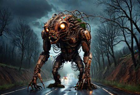 dark night, thick dark cloudy sky, a colossal malformed asymmetrical  creature (highly detailed) (made from rusted detritus, cables and wires:1.3), (hidden IN TREES by the side of a rural road:1.3), (it is terrifying:1.3), ( the road is very dark and misty), (lit only by occasional street lights) (midnight),  REALISTIC