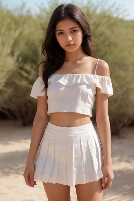 photograph of a cute 20-year-old Mexican girl, slender, beautiful body, linen offshoulder crop clothes, pleated mini skirt, medium breasts hidden under clothes, desert, hot summer, fashion pose, Porta 160 color, shot on ARRI ALEXA 65, bokeh, sharp focus on subject, shot by Lilia Alvarado