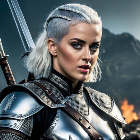 Epic Game Poster, Katy Perry as Geralt of Rivia the Witcher standing in combat pose, very short silver haircut, two swords, action shot, detailed face, 8k, uhd, insane details, detailed skin, award-winning photo