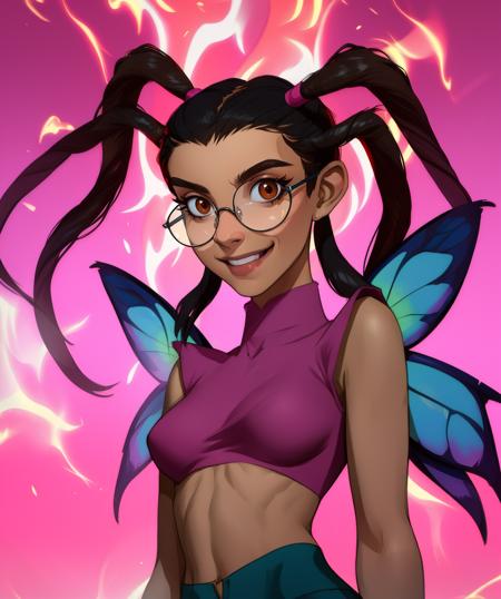 Taranee,twintails,dreads,short hair,glasses,standing,upper body,smiling,
striped pantyhose,midriff,pink wristbands,fairy wings,toned,pink crop top,turtleneck,
fire background,cinematic lighting,
outdoors,
(insanely detailed, beautiful detailed face, masterpiece, best quality),<lora:TaraneeCook-10N2:0.8>,