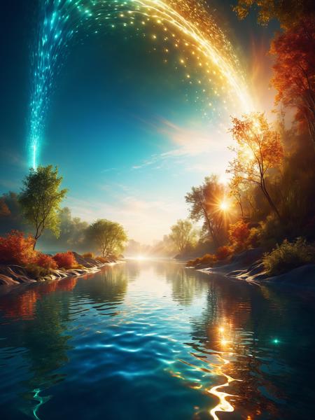 Wide angle digital illustration,(Dream space with a sweeping light:1.3),Shimmering water,Luminous reflections,(Glowing light patterns:1.2),Ethereal atmosphere,Enchanting colors,Winding waterways,(Infinite depth:1.3),Imaginative compositions,Dreamlike surroundings.,