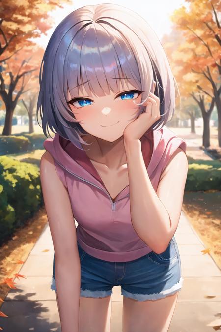 (masterpiece, best quality:1.2), absurdres, perfect anatomy, 1girl, (smug smile:1.2), POV, looking at viewer, hand on cheek, short hair, wavy hair, blunt bangs, silver hair, outdoors, autumn, pink \(sleeveless hoodie:1.2)\, hood down, ( jean shorts:1.1), solo focus, small chest, soft lighting, public park, (blue eyes)