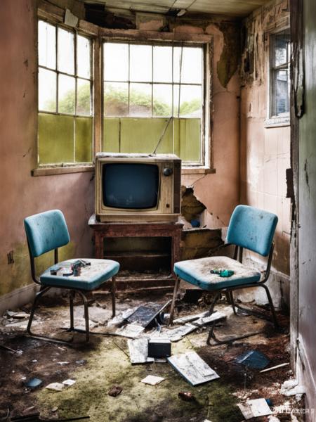 a room with a tv and two chairs in it and a broken window in the corner of the room, Elsa Bleda, decay, a colorized photo, postminimalism <lora:Abandoned:1>