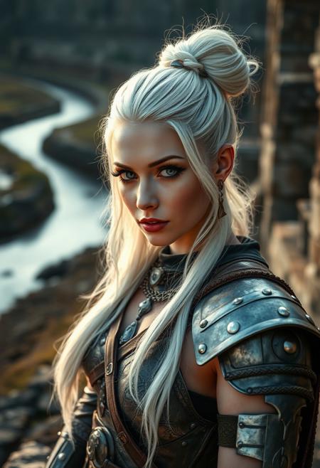 Stable_Yogis_PDXL_Positives  
medium shot of a sexy beautiful  albino female warrior,  Glitter cut crease with bold lips makeup style , bun hairstyle , white silver hair_color , bones ear climbers ,  wearing iron armour,  ancient ruins on the edge of a river , shot with Canon PowerShot G7 X Mark III Compact camera,  light_particles, cinematic, dynamic_angle, depth_of_field, bokeh, HDR, 8K, RAW, best_quality, top_quality, hyperrealistic, photorealistic, ultra_detail, ultra_realistic, masterpiece, hi-res, absurd_res, high_quality_photography, source_photo, highly_detailed, very_aesthetic, beautiful, realistic, real_life.