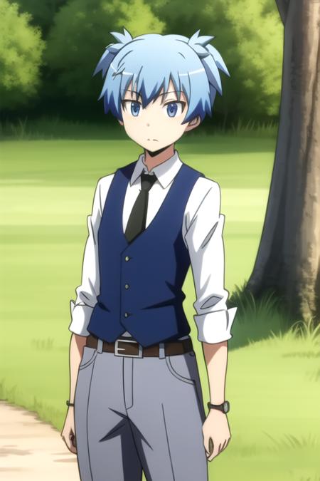 1boy, belt, blue_eyes, blue_hair, blurry, blurry_background, bush, day, forest, grass, male_focus, nature, necktie, outdoors, pants, shirt, short_twintails, solo, tree, twintails, watch, wristwatch
 <lora:NagisaShiotaR4:0.7>, NagisaShiotaR4, masterpiece, highres, ultra high res, best quality