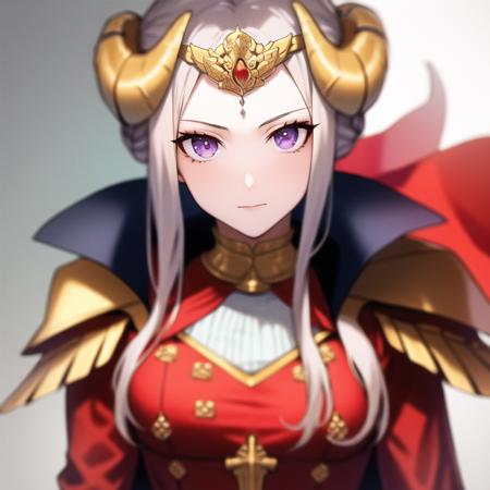 1girl, (highres), (masterpiece), anime, 1girl, 1girl, armor, breasts, cape, crown, double_bun, edelgard_von_hresvelg, hair_ribbon, headpiece, long_hair, looking_at_viewer, purple_eyes, red_cape, ribbon, solo, upper_body detailed face, (fake golden horns)