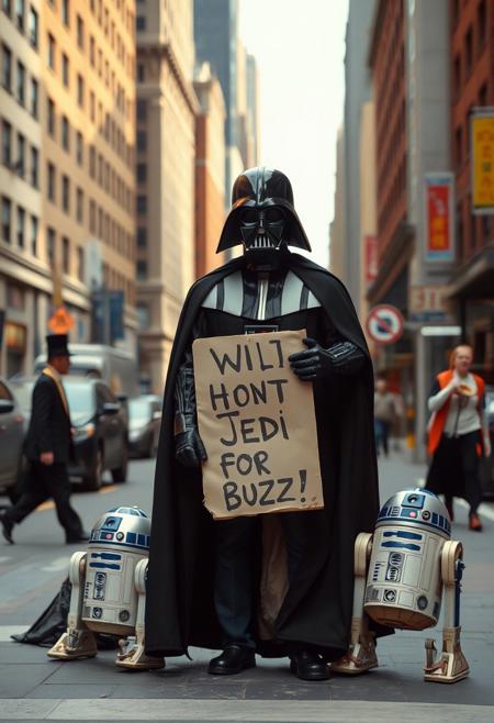 A high quality photo of a homeless Darth Vader standing in the streets of New York carrying a sign infront of him, the sign says ("Will Hunt Down Jedi For Buzz"), next to him on the ground there is a death star shaped tent and two life sized dolls of the two robots R2D2 and C3PO, film grain, exremely realistic, far far in the background Obi Wan Kenobi could be seen crossing the street while eating a hotdog sandwich in his hand unaware of the presence of Vader whose facing the viewer up close.