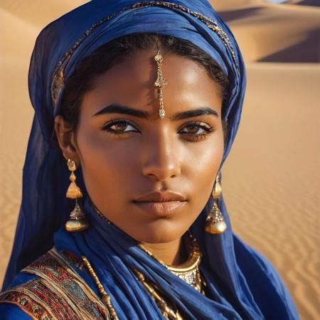analog, portrait of a beautiful Tuareg woman, showcasing her striking features and traditional attire against the backdrop of the Sahara's sun-drenched dunes, capture her gazing into the distance with a sense of strength and resilience, while adorned in vibrant, indigo-dyed fabrics and intricate silver jewelry, utilize warm, golden lighting to accentuate the rich textures and colors of her garments,  shallow depth of field to focus on her captivating eyes, polaroid, photorealistic