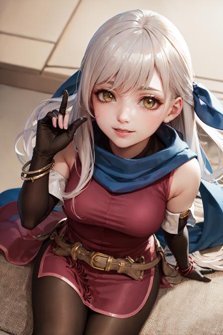 (masterpiece, best quality:1.2), <lora:fireemblem_micaiah-10:1>, from above, solo, 1girl, micaiah \(fire emblem\), smile, looking at viewer, wariza, hair ribbon, sleeveless dress, pantyhose, elbow gloves, fingerless gloves, jewelry, bracelet, scarf, belt