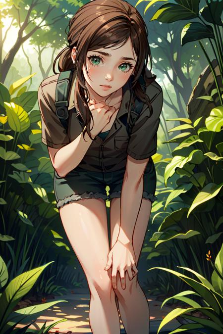 ((masterpiece, best quality))
<lora:TLOUEllie:0.8>
TLOUEllie, 1girl, solo, brown hair, long hair, green eyes, Amidst a dense rainforest with exotic flowers, leaning forward with hands on knees