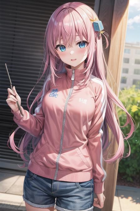 gotou hitori, pink track jacket, pink long hair, hair ornament, cube hair ornament, hair between eyes, bangs, blue eyes,