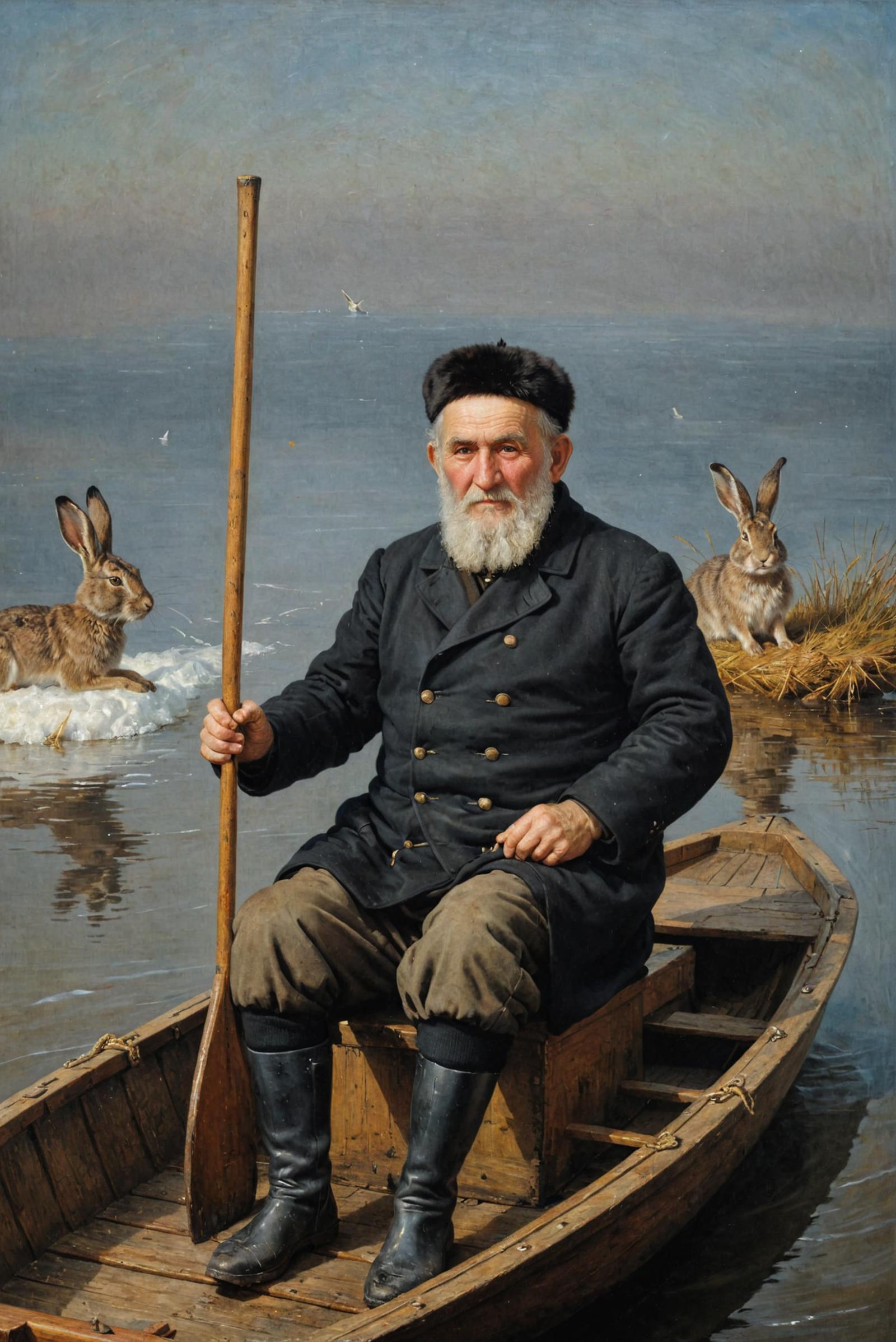 A man in a boat with a stick, surrounded by rabbits.