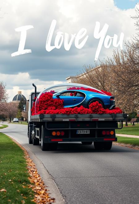 In the park, a large flatbed truck was parked on the road, the front facing left, the car was loaded with red roses, and in the flowers there was a large round glass cover, inside the glass cover was a blue Bugatti sports car, and white clouds in the sky combined to form the letters "I LOVE YOU" in Brush Script MT font.