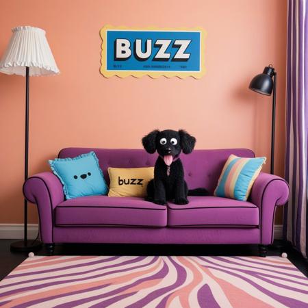 This is a handmade cartoon drawing of a cozy living room, in the style of vintage comics. A red, plush sofa with black trim sits against a peach wall with vertical wavy stripes. A blue cartoon dog with floppy ears and a big smile sits on the sofa's arm, facing left. Two purple pillows with ruffled edges are on the sofa. A tall, black floor lamp with a purple shade stands to the right, casting a warm glow. The carpet is a soft pink, adding to the room's inviting feel. The style is whimsical and child-friendly.  Above the sofa, a bold, colorful sign with the word "BUZZ" in large, white capital letters is displayed, bordered in purple and yellow. The sign's style is reminiscent of comic book typography.