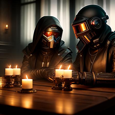 raw photo, cyberpunk couple holding hands, at table with candle on it, modelshoot style, dreamlikeart, dramatic lighting. 8k, highly detailed, trending artstation, 
(OVERMASKED:1.1)