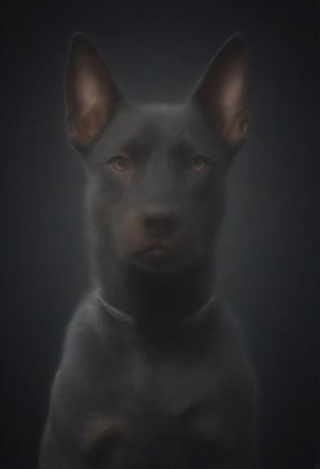 (best quality, 8K, high resolution, masterpiece), ultra detailed, (3D CGI), black sunglasses, trendy, fashionable, silver and black stylized angry muscle doberman on a black background, countryside advertising, winning photo,