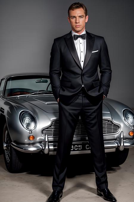 standing next to silver Aston Martin DB5, LoganRobbins is James Bond wearing James bond attire, holding gun, sultry expression, masterpiece, ((full body portrait:1.5)), full body shot, wide angle <lora:LoganRobbins:0.75>