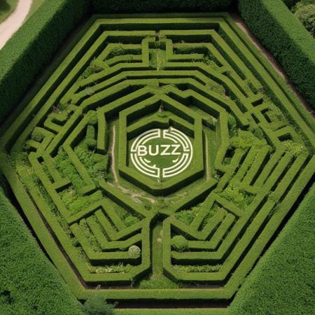 This is an aerial photograph of a green hedge maze shaped like the Civitai logo. The maze features a Hexagon in the center, inside which reads the word "BUZZ". The hedges are green and meticulously arranged to form the intricate design. The surrounding area includes a dirt path and some trees, with a few people walking nearby. The overall scene is vibrant and well-maintained, capturing the essence of a grand hedge maze.