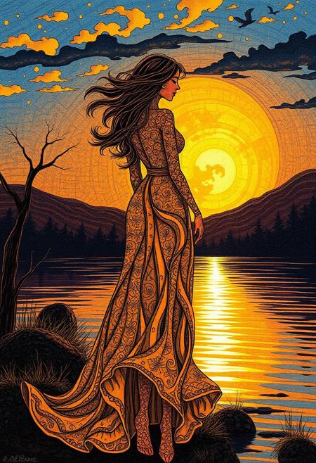 FOAM ART ZENTANGLE ART :: A Woman in a flowing blowing Foam dress standing by the river side, exquisite golden_glow of the giant setting Sun zentangle style, reflections, woman's dress shining luminously, highly imaginative exquisite whimsical fantasy Foam Art Zentangle Art in typical AI style, true representation of Foam Art Zentangle Art style