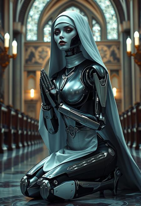 photo of robot nun, mechanic beautiful face, cybernetic implants, ultradetailed metal skin , full lips, praying on knees, nun tight outfit, sexy body, wide hips, thick thights, high heels, seducing pose, lot of detailes, futuristic cyberpung church, unreal engine