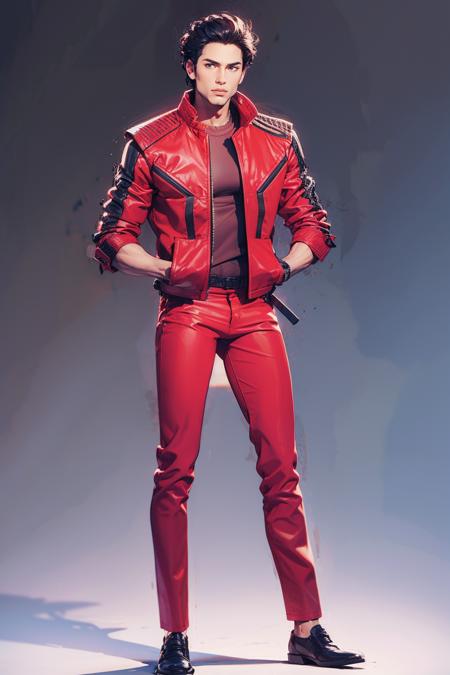 mjtoutfit, jacket, pants, red jacket, red pants, black shoes,
