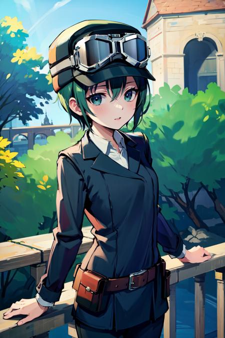 absurdres, highres, best quality, <lora:kino_v2:1> kino \(kino no tabi\), outdoors, goggles on head,