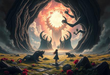 a beautiful landscape with wrong and bizarre angles through which primordial and eldritch beings force their way into the world, summoned and conjured by a girl, the demon queen,