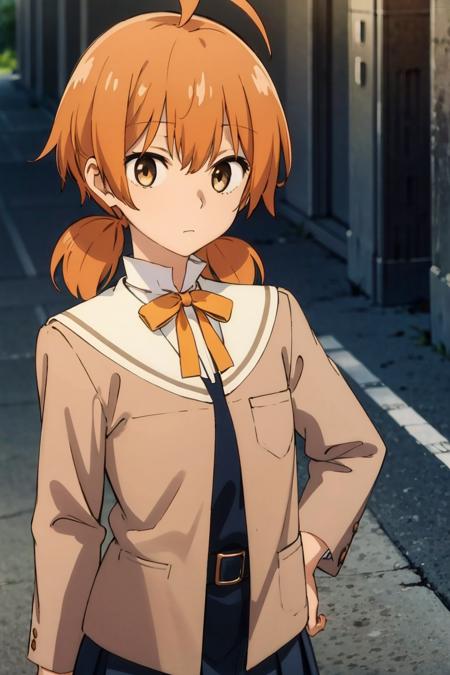 (highres, absurdres, 2D, anime, portrait, cowboy shot, solo, 1girl:1.4), (outdoors, city, building, sunlight:1.2), <lyco:グッドハンド:1.0>, nice hands, <lyco:やがて君になるB:0.8>, (koito yuu, brown eyes, orange hair, ahoge, short twintails, low twintails:1.4), BREAK school uniform, white sailor collar, BREAK brown jacket, brown sleeves, BREAK yellow bow, yellow ribbon, BREAK black shirt, black skirt, belt, BREAK flat chest, small breasts,