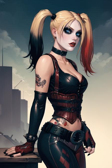 (masterpiece, best quality:1.2),  <lora:harley_quinn_(batman_arkham_city):.95>, harley quinn (batman arkham city), 1girl, solo, blonde hair, twintails, fingerless gloves, gloves, breasts, makeup, multicolored hair, navel, nail polish, cleavage, belt, tattoo, midriff, blue eyes, lipstick, choker, medium breasts, eyeshadow, red hair, pants, thighhighs, crop top, collar, lips, black nails, spikes, gradient hair, elbow gloves, red nails, blue hair, long hair, mascara, multicolored clothes, red lips, from side, park bench, book, tranquility, solitude