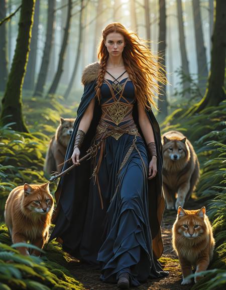 freyja, auburn hair, braided hair, magic, forest, viking queen, mythic beauty, <lora:NBN-Freyja_NordicByNature:0.8>, <lora:NordicByNature:0.8>,Baltic Huntress and Falcon, A nbn-freyja holding a majestic cat on her gloved arm, preparing for the hunt in the dense Baltic woods.,photo Fantasy art combining the styles of Boris Vellejo and Luis Royo,Photorealistic, real photo, god rays, 1girl, 21yo,realistic, clear focus, high resolution image, ,Sexy pose, erotic pose, exhibitionism, ,Abandoned prison