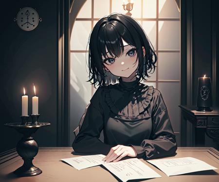 (best quality, masterpiece), (1girl, solo, black dress, sitting , looking at viewer, Marisa Kirisame, soft smile face, closed mouth, upper body) , ( table, castle on the table, paper, electromagnetic wave, candle,mug),