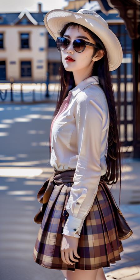 masterpiece,highres, highest quality,intricate detail,best texture,realistic,8k,soft light,perfect shadow, sunny,modern city,crowding falling leaf, portrait,erjie,1girl,high school uniform,cowboy hat,alternative hair,cute pink lips,Short scarf, cowboy boot, big gold necklace,famous watch, smoking the cigar,light sunglasses,thumb up,walking,Luxury, carry katana on waist,rifli on the back,street shot,