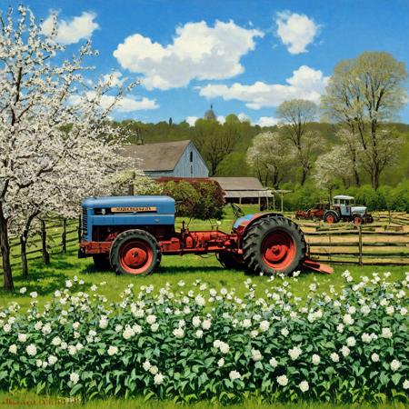 Antique farm and antique house, cows in a fenced field, large vegetable garden, antique 1950 McCormick tractor, 1951 Ford truck, apple and cherry blossoms in the background, blue sky with cumulus clouds