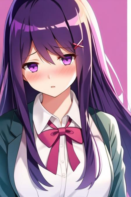 1girl, yuriddlc, solo, purple eyes, long hair, hair ornament, purple hair, hairclip, school uniform, blush, looking at viewer, jacket, parted lips, ribbon, hair between eyes, bangs, long sleeves, wide-eyed, school background, yandere