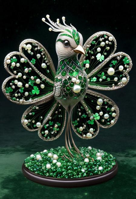 best quality, masterpiece, high resolution, intricate details, very detailed, 
(magical bird sculpture:1.1), 
ShamrockWorld, clover, four-leaf clover, light particles, bow, striped, bowtie, green gems,
ethereon, eh1, empty inside, can see through, 
Pearlum, made of delicate filigree dark pearl, 
exhibition velvet stand background