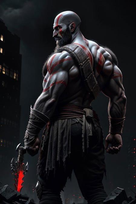 god of war,looking back at viewer,upper body,standing,bagging a black Evil Ghost Face teddy bear,against the backdrop of the (ruined city:1.1) unreal engine style of Artgerm finely detail,ultra-detailed,highres,