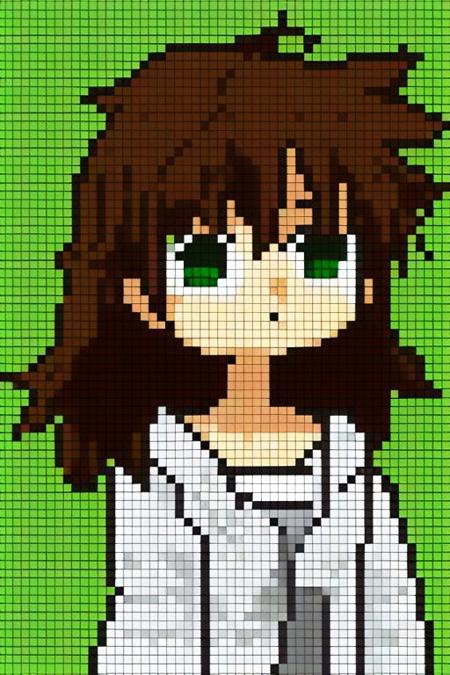 1girl,upper body,solo,brown hair, green eyes, <lora:pixelate-03:1>