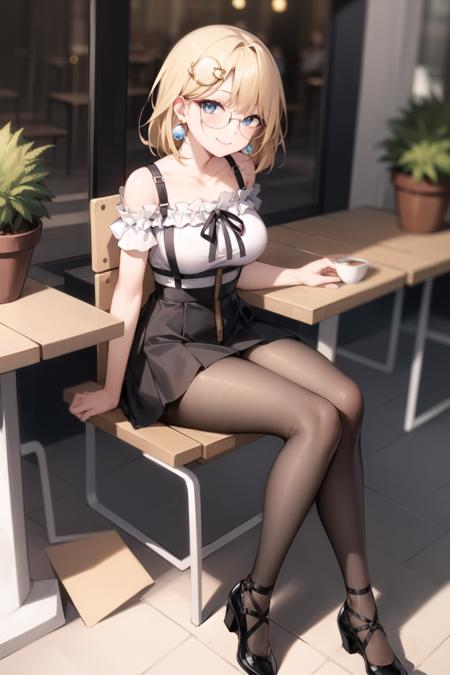 2d, masterpiece, best quality, anime, highly detailed face, highly detailed eyes, highly detailed background, perfect lighting, full body, 1girl, solo, amelia watson, outdoors, cafe, sitting, frilled shirt, collarbone, suspender skirt, zipper pull tab, black ribbon, heels, black, pantyhose, glasses, earrings, hair ornament, medium breasts, seductive smile, on chair, table, potted plant <lora:amelia-07:1>