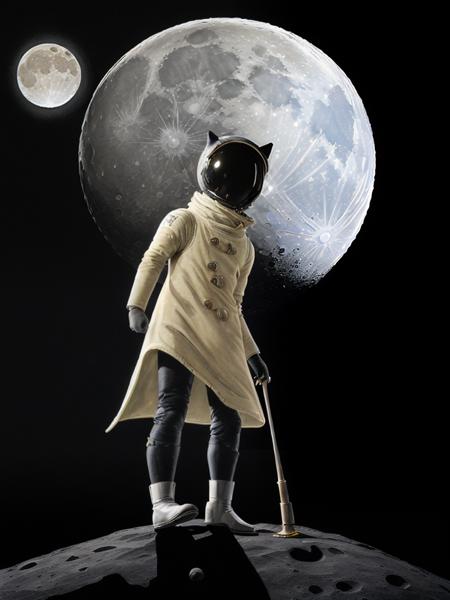 painted illustration of moon, ink, black background, Le Petit Prince standing on moon, moon illustration