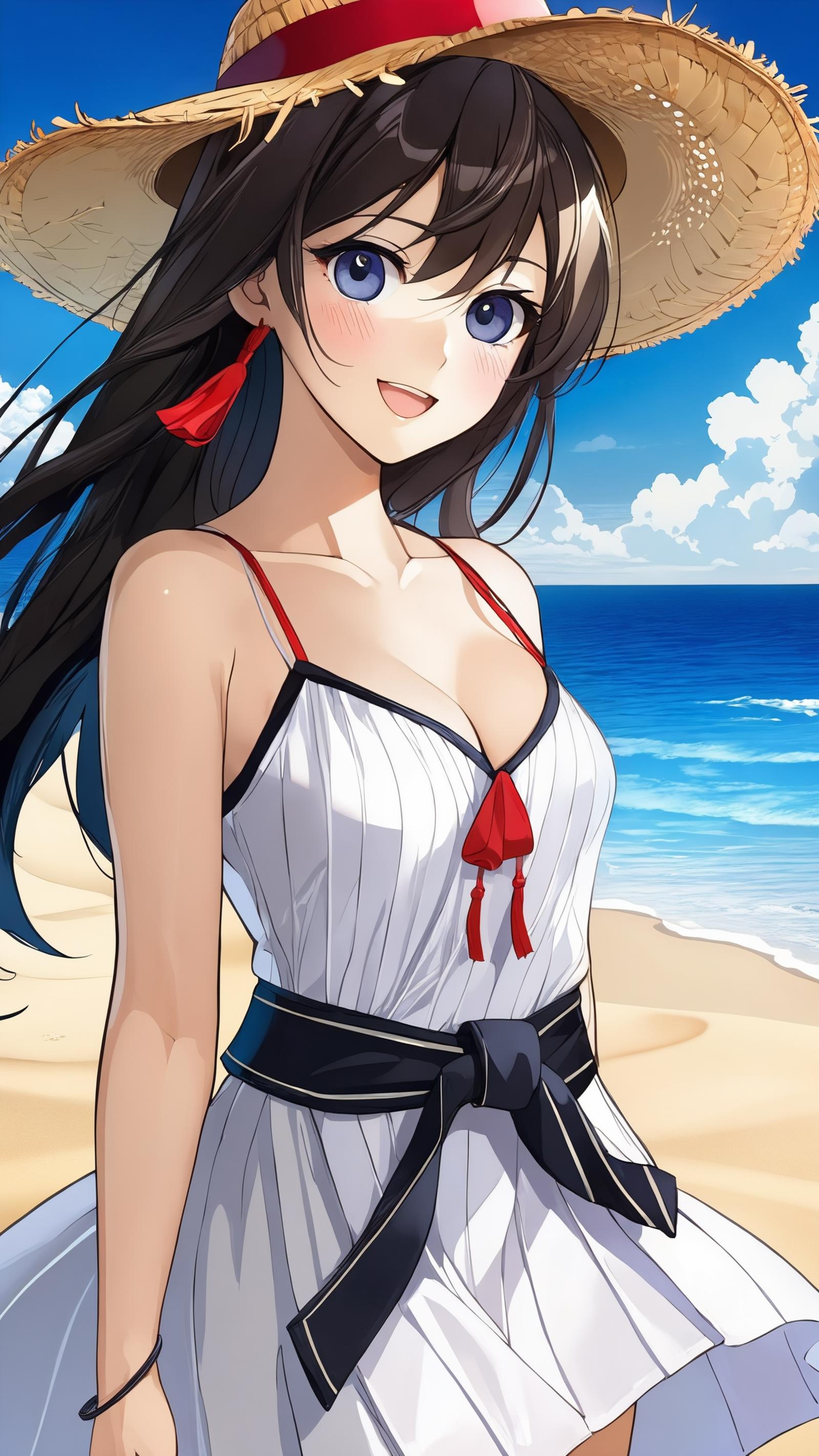 A cartoon image of a woman wearing a white and red dress, standing on a beach.