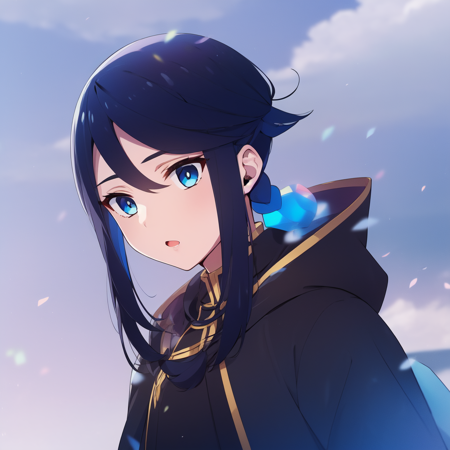 1boy, black hair, colored inner hair, blue hair, blue eyes, sidelocks, hooded cloak, black jacket