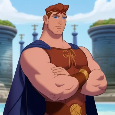 Disney's Hercules,1boy, abs, bara, blue eyes, bodysuit, cape, closed mouth, crossed arms, large pectorals, male focus, muscular, muscular male,((masterpiece)) <lora:HerVn_Disney_1997-10:0.8>