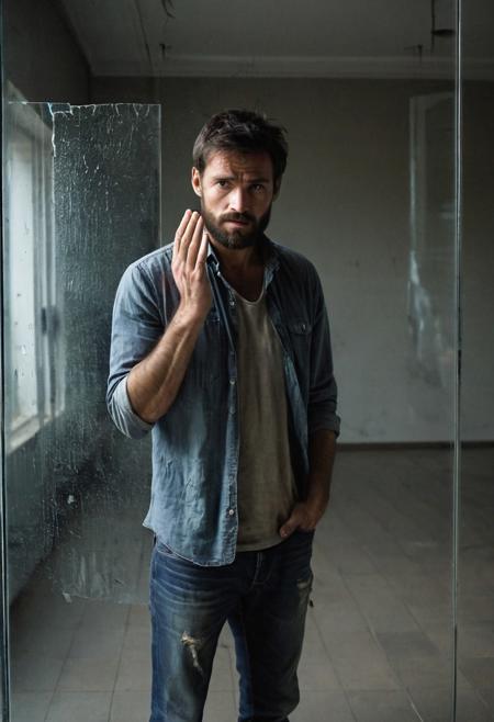 photograph, man, a 30 year old man with ragged clothes  standing in an empty room behind a glass pane, (holding his palm on the glass pane), lost and distressed, worried expression, looking at viewer from behind the glass pane, beard, short dark hair, shadows and darkness, shadows on face, intense look, empty mall, liminal space, dramatic lighting, creepy scene, suspenseful scene, eerie scene