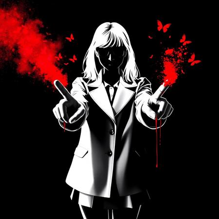 Black background, white Silhouette of a young woman,  blacked out eyeglasses, no facial features, wearing school coat and short skirt, pointing two fingers from each hand (finger guns pointing towards camera, pointing at viewer), red spray splatter out of fingers, dripping red, several red butterflies amongst the spray, red spray coming from fingers. Detailed hand, Hand, Perfect Hand