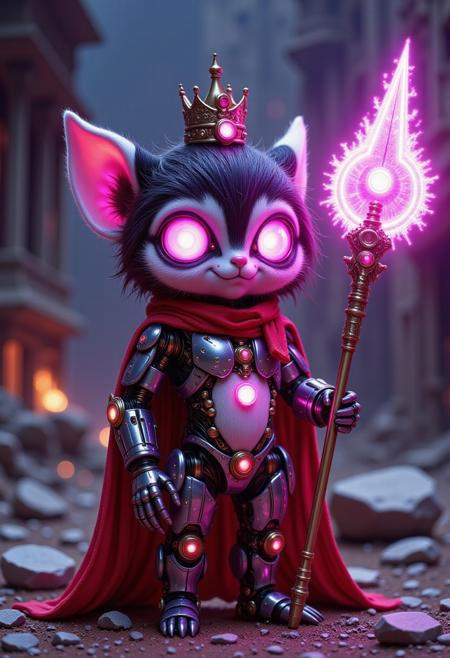 pinkmechalux, a cute cybor sloth wizard with metallic NEON led crown, wearing a magic cape and holding a super weapon mystic staff